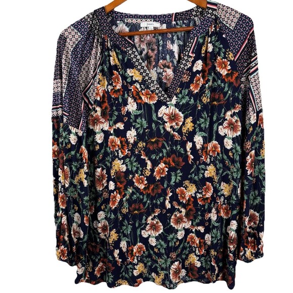 JODIFL Women Blouse Large Boho Floral Patchwork Long Sleeve Top Navy Rayon - Picture 2 of 8
